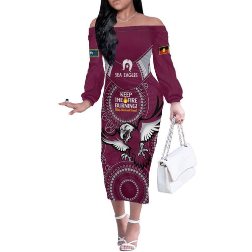 Custom NRL Sea Eagles NAIDOC Week Family Matching Off The Shoulder Long Sleeve Dress and Hawaiian Shirt Keep The Fire Burning Indigenous Art