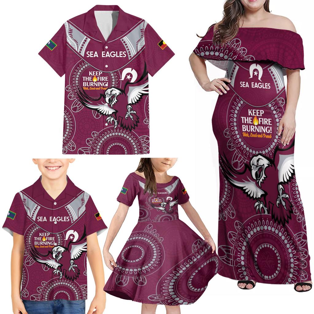 Custom NRL Sea Eagles NAIDOC Week Family Matching Off Shoulder Maxi Dress and Hawaiian Shirt Keep The Fire Burning Indigenous Art