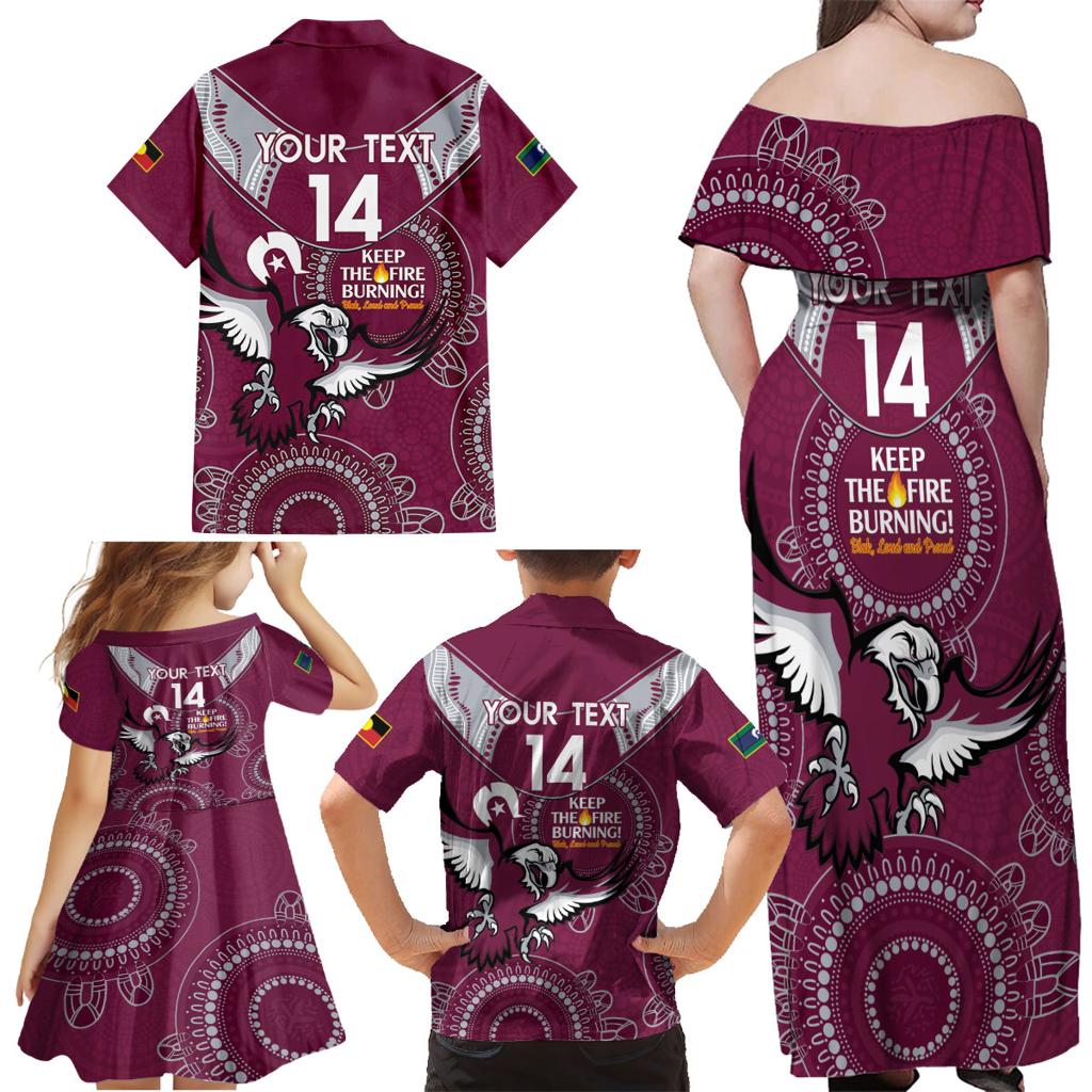 Custom NRL Sea Eagles NAIDOC Week Family Matching Off Shoulder Maxi Dress and Hawaiian Shirt Keep The Fire Burning Indigenous Art