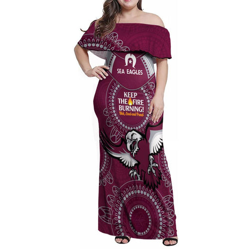 Custom NRL Sea Eagles NAIDOC Week Family Matching Off Shoulder Maxi Dress and Hawaiian Shirt Keep The Fire Burning Indigenous Art