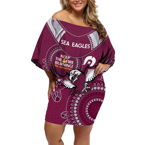 Custom NRL Sea Eagles NAIDOC Week Family Matching Off Shoulder Short Dress and Hawaiian Shirt Keep The Fire Burning Indigenous Art