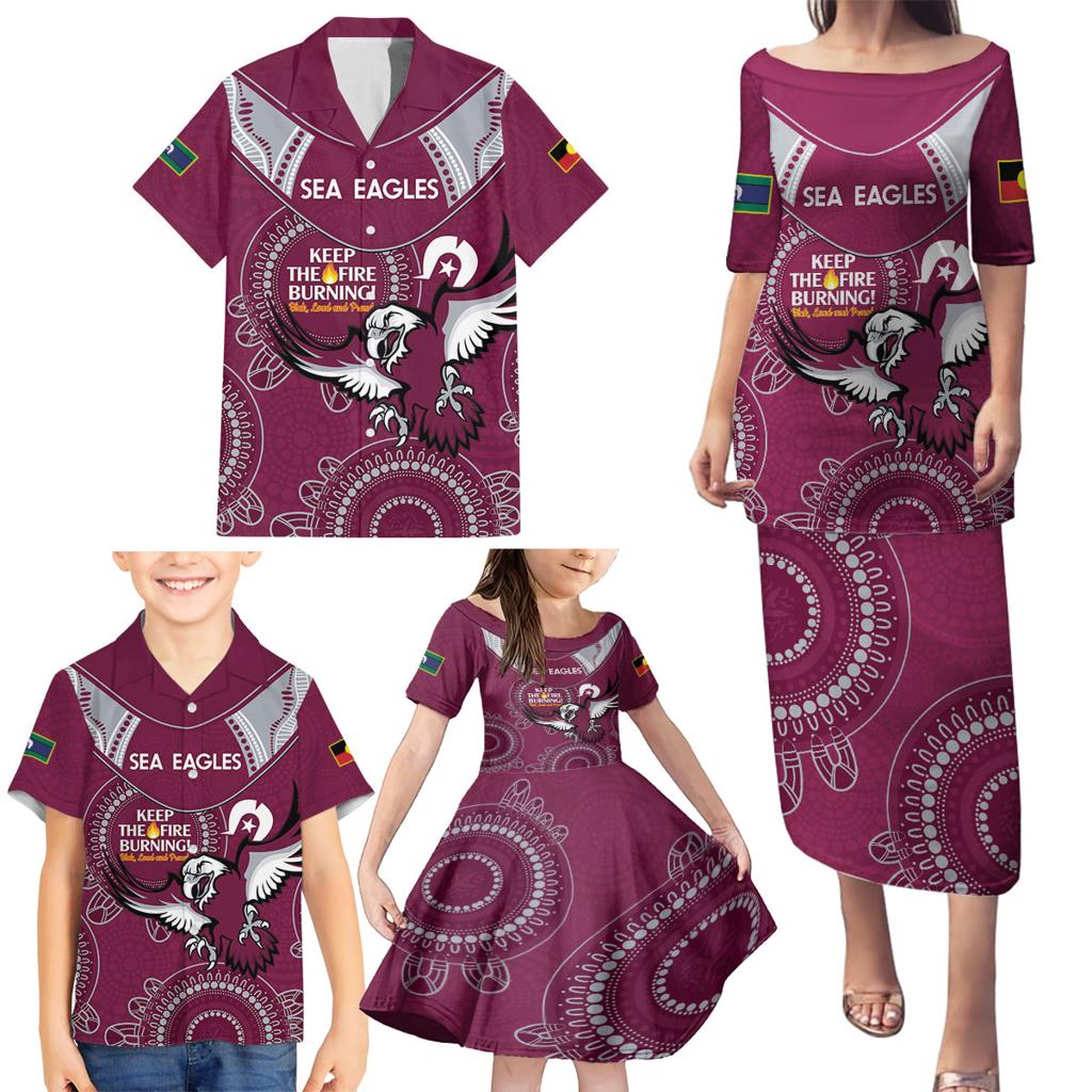 Custom NRL Sea Eagles NAIDOC Week Family Matching Puletasi and Hawaiian Shirt Keep The Fire Burning Indigenous Art