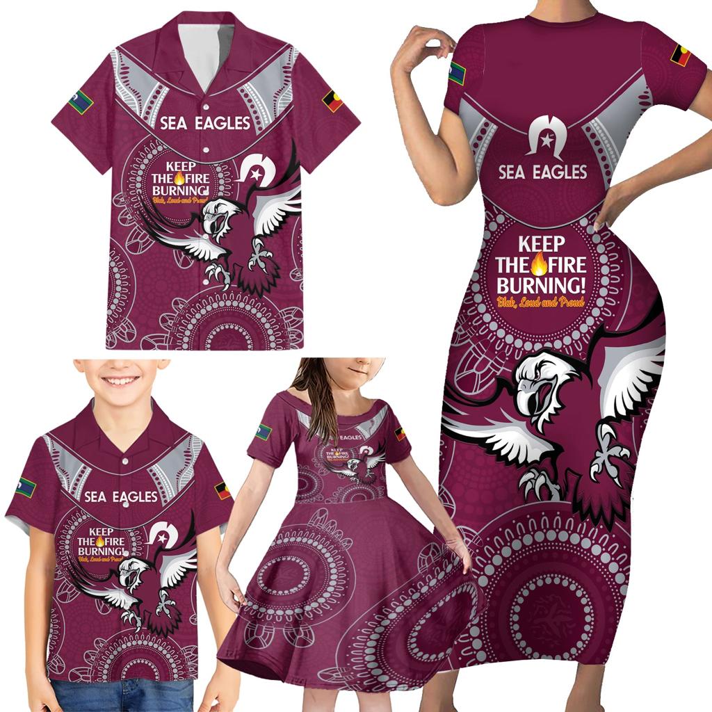 Custom NRL Sea Eagles NAIDOC Week Family Matching Short Sleeve Bodycon Dress and Hawaiian Shirt Keep The Fire Burning Indigenous Art