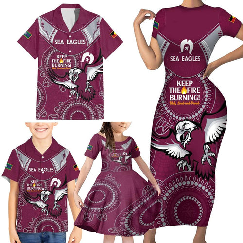 Custom NRL Sea Eagles NAIDOC Week Family Matching Short Sleeve Bodycon Dress and Hawaiian Shirt Keep The Fire Burning Indigenous Art