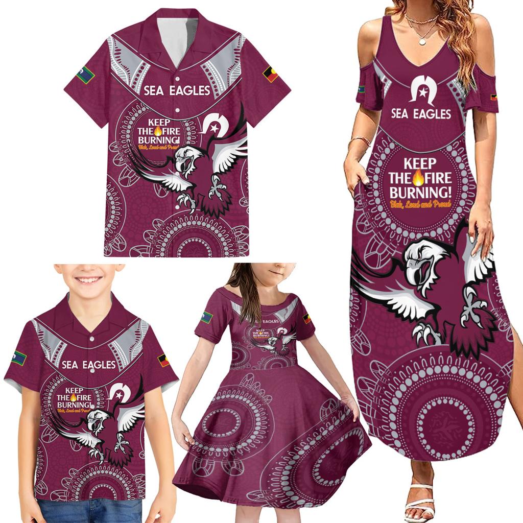 Custom NRL Sea Eagles NAIDOC Week Family Matching Summer Maxi Dress and Hawaiian Shirt Keep The Fire Burning Indigenous Art