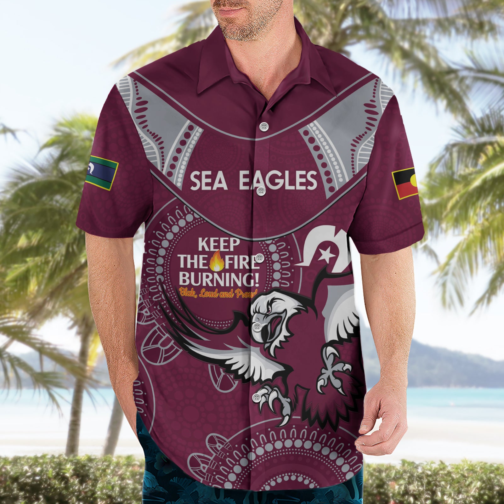 Custom NRL Sea Eagles NAIDOC Week Hawaiian Shirt Keep The Fire Burning Indigenous Art