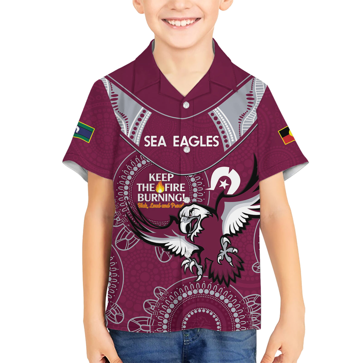 Custom NRL Sea Eagles NAIDOC Week Kid Hawaiian Shirt Keep The Fire Burning Indigenous Art