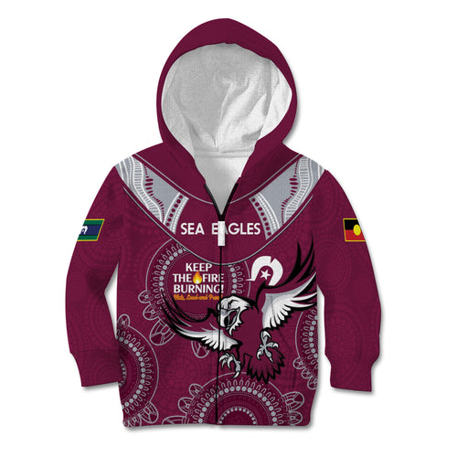Custom NRL Sea Eagles NAIDOC Week Kid Hoodie Keep The Fire Burning Indigenous Art
