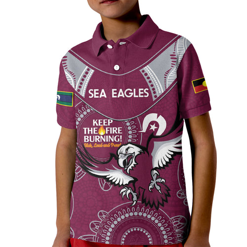 Custom NRL Sea Eagles NAIDOC Week Kid Polo Shirt Keep The Fire Burning Indigenous Art