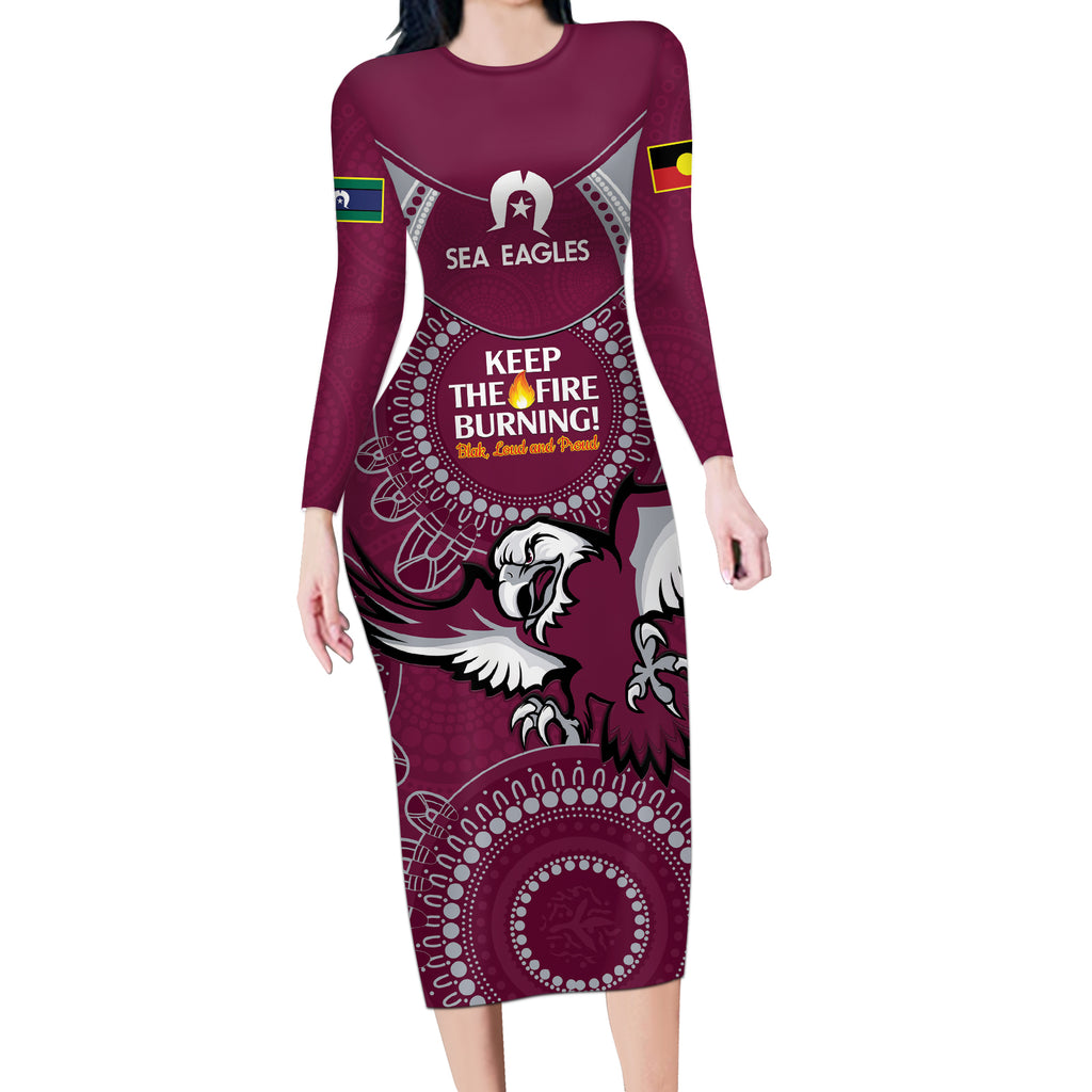 Custom NRL Sea Eagles NAIDOC Week Long Sleeve Bodycon Dress Keep The Fire Burning Indigenous Art
