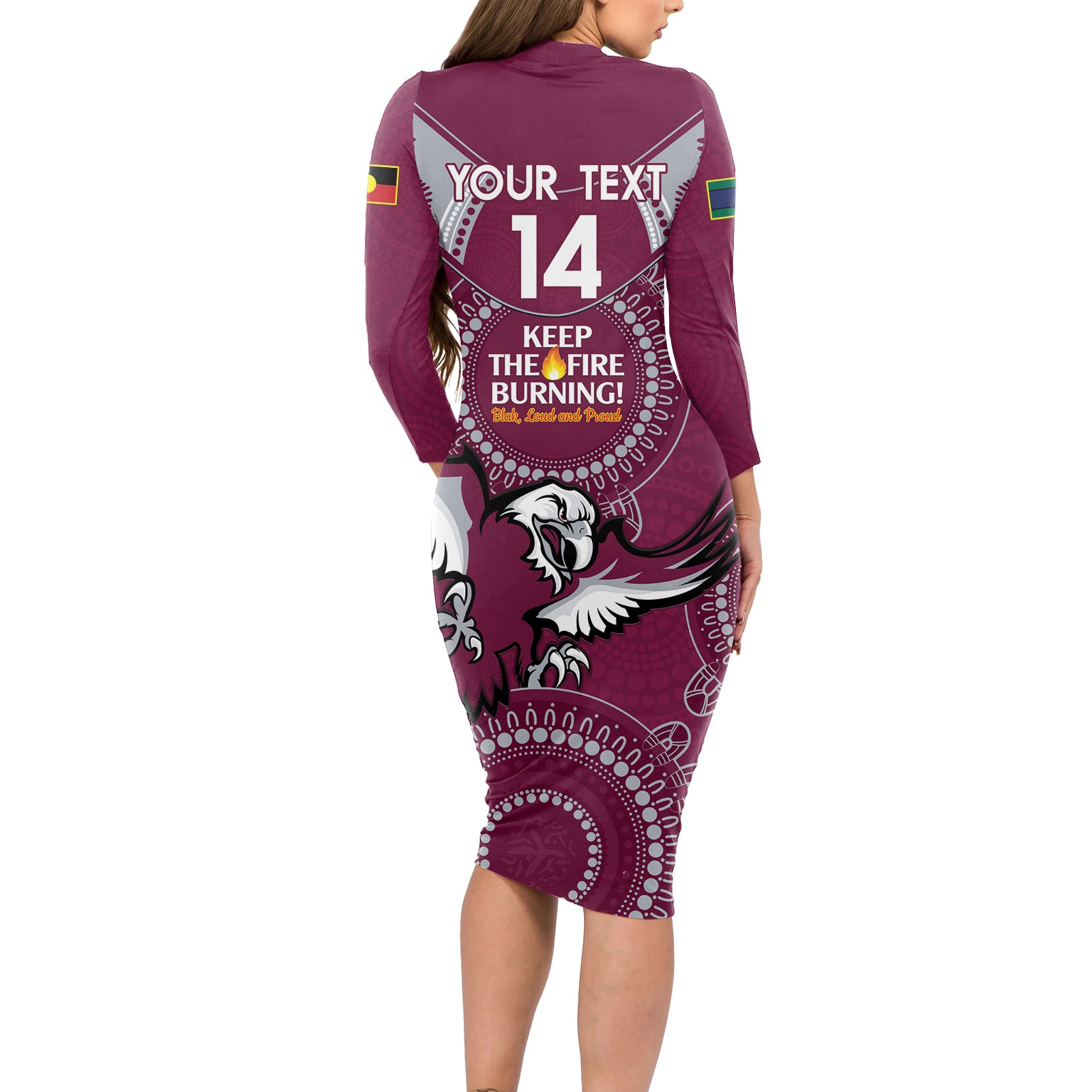 Custom NRL Sea Eagles NAIDOC Week Long Sleeve Bodycon Dress Keep The Fire Burning Indigenous Art