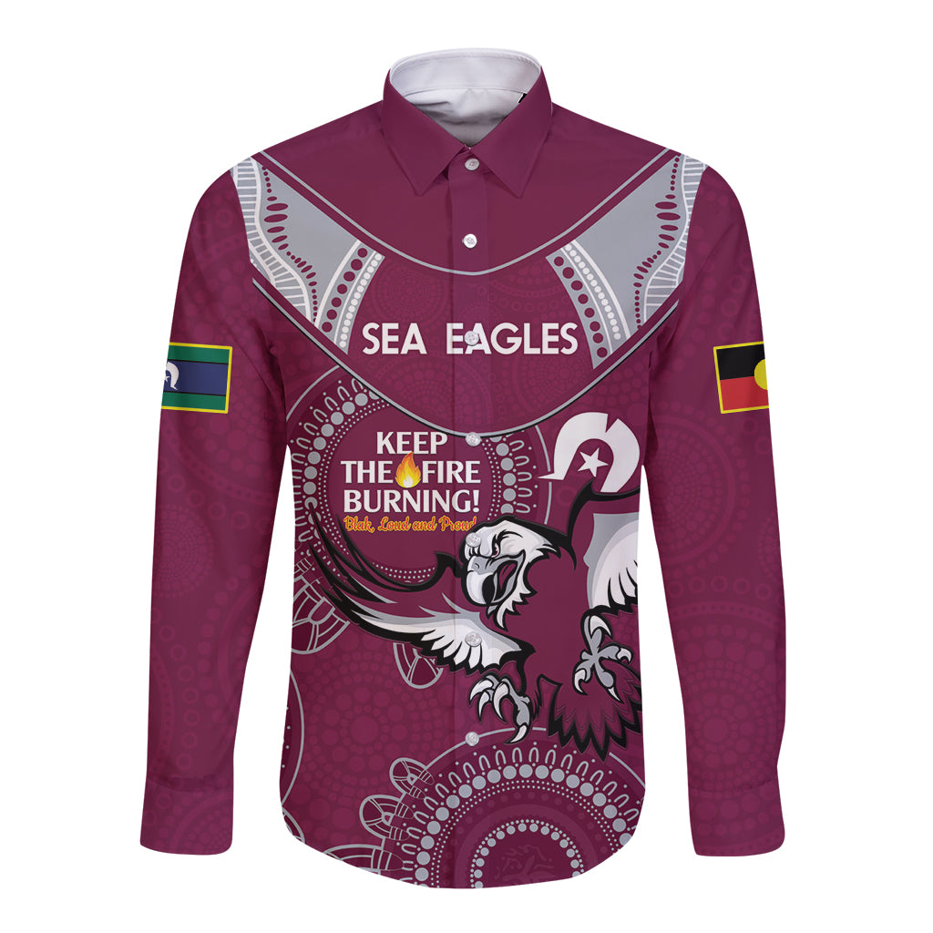 Custom NRL Sea Eagles NAIDOC Week Long Sleeve Button Shirt Keep The Fire Burning Indigenous Art