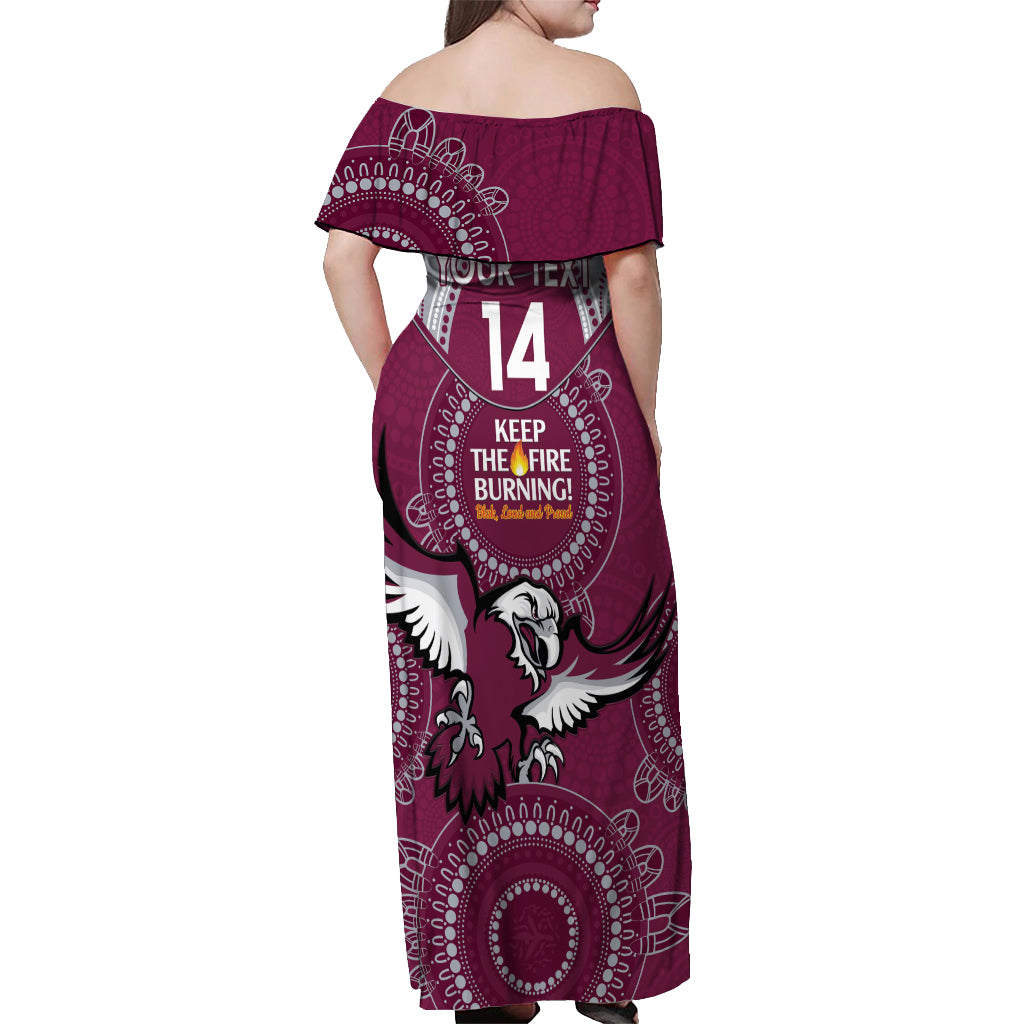 Custom NRL Sea Eagles NAIDOC Week Off Shoulder Maxi Dress Keep The Fire Burning Indigenous Art