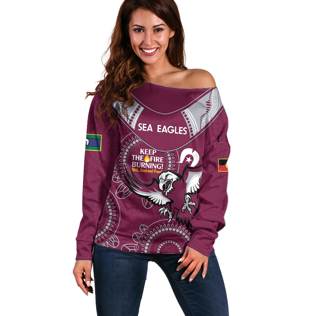 Custom NRL Sea Eagles NAIDOC Week Off Shoulder Sweater Keep The Fire Burning Indigenous Art