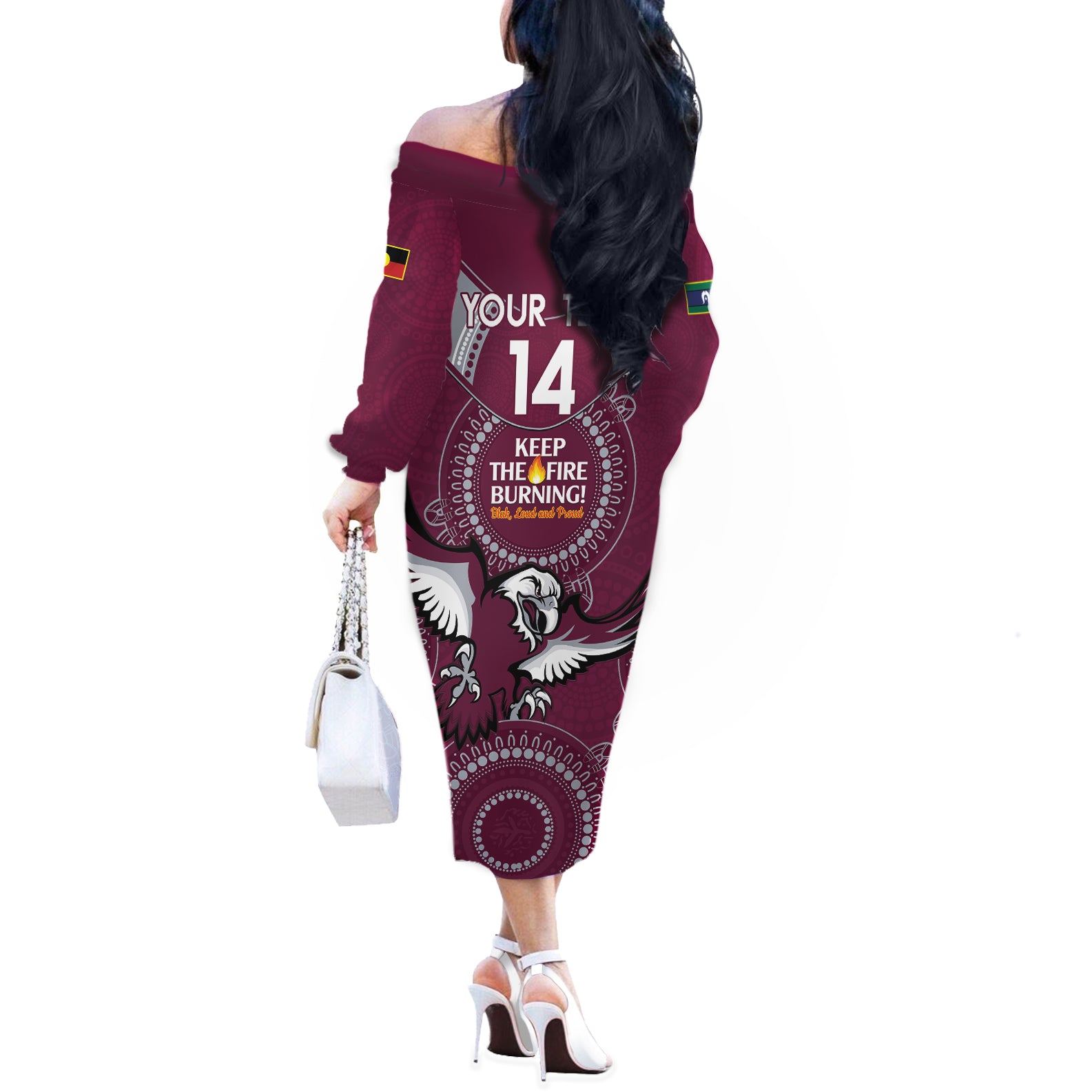 Custom NRL Sea Eagles NAIDOC Week Off The Shoulder Long Sleeve Dress Keep The Fire Burning Indigenous Art