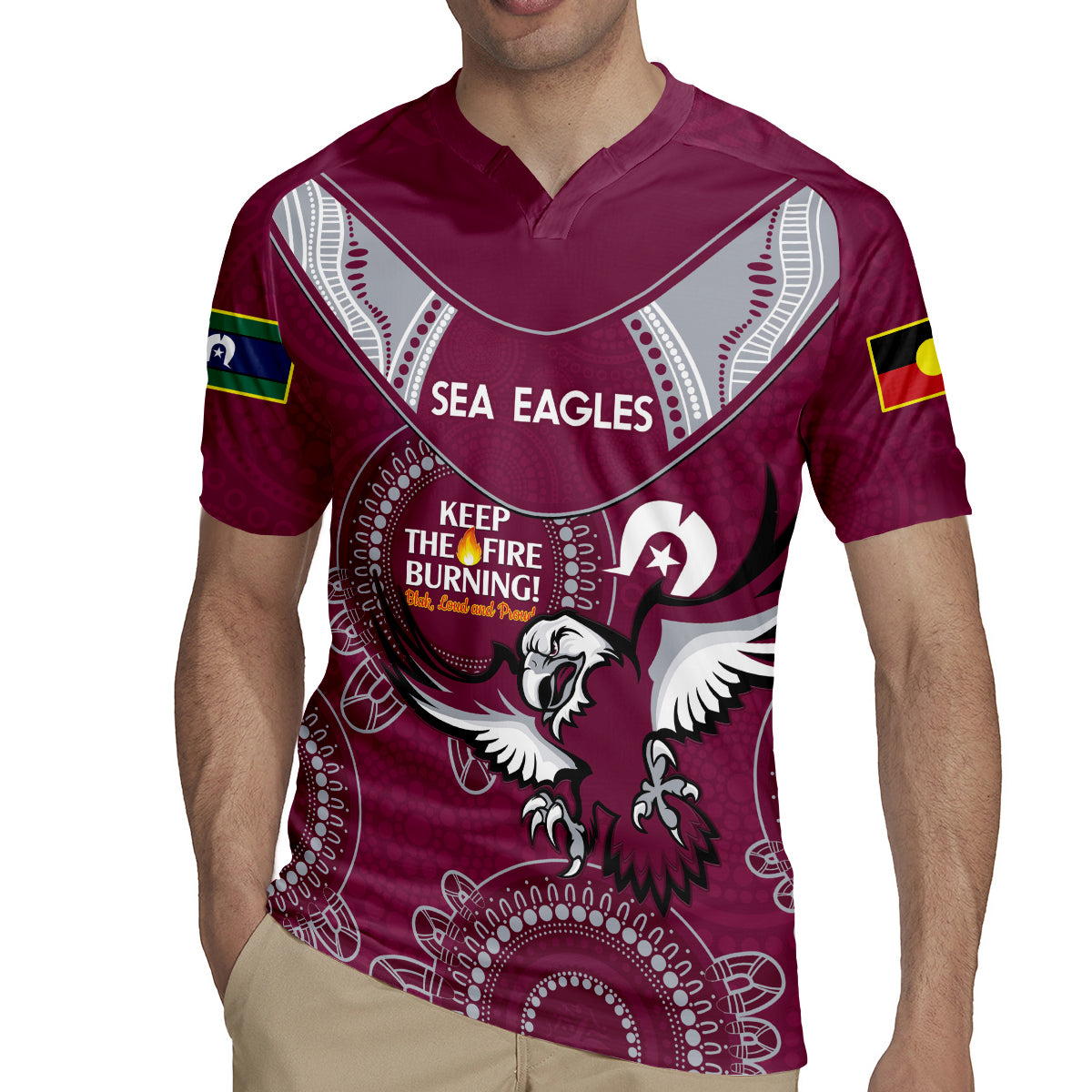 Custom NRL Sea Eagles NAIDOC Week Rugby Jersey Keep The Fire Burning Indigenous Art