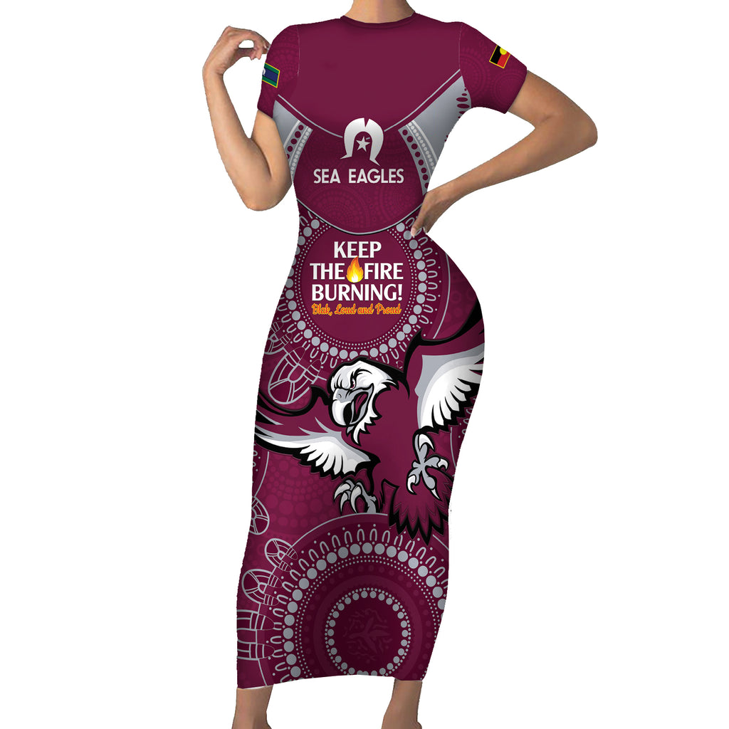 Custom NRL Sea Eagles NAIDOC Week Short Sleeve Bodycon Dress Keep The Fire Burning Indigenous Art