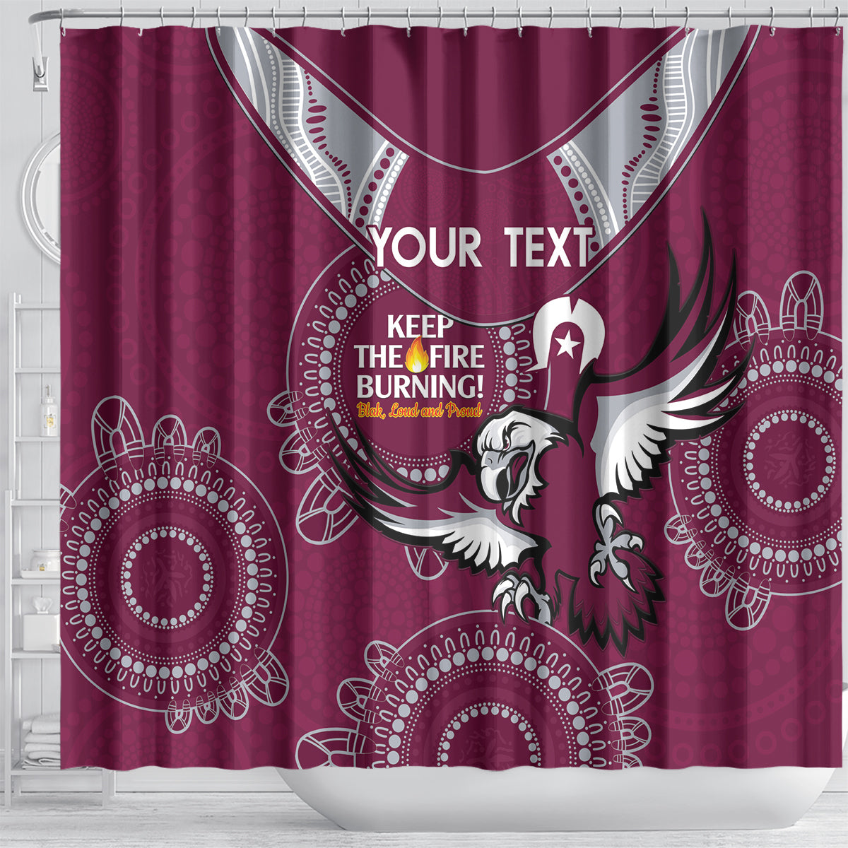 Custom NRL Sea Eagles NAIDOC Week Shower Curtain Keep The Fire Burning Indigenous Art