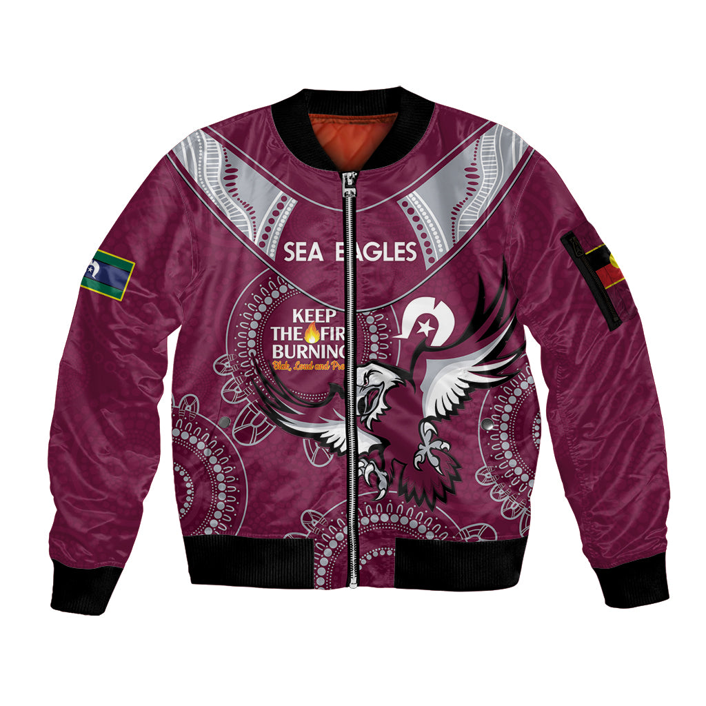 Custom NRL Sea Eagles NAIDOC Week Sleeve Zip Bomber Jacket Keep The Fire Burning Indigenous Art