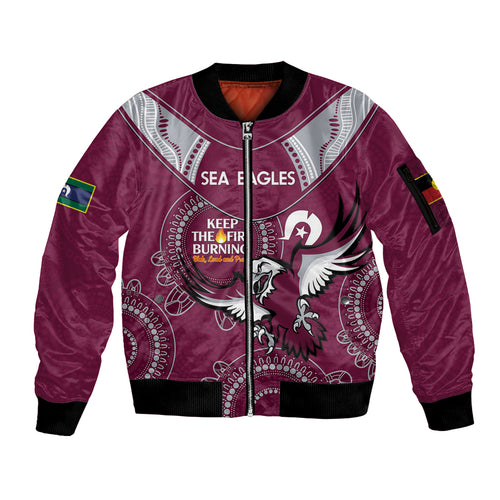 Custom NRL Sea Eagles NAIDOC Week Sleeve Zip Bomber Jacket Keep The Fire Burning Indigenous Art
