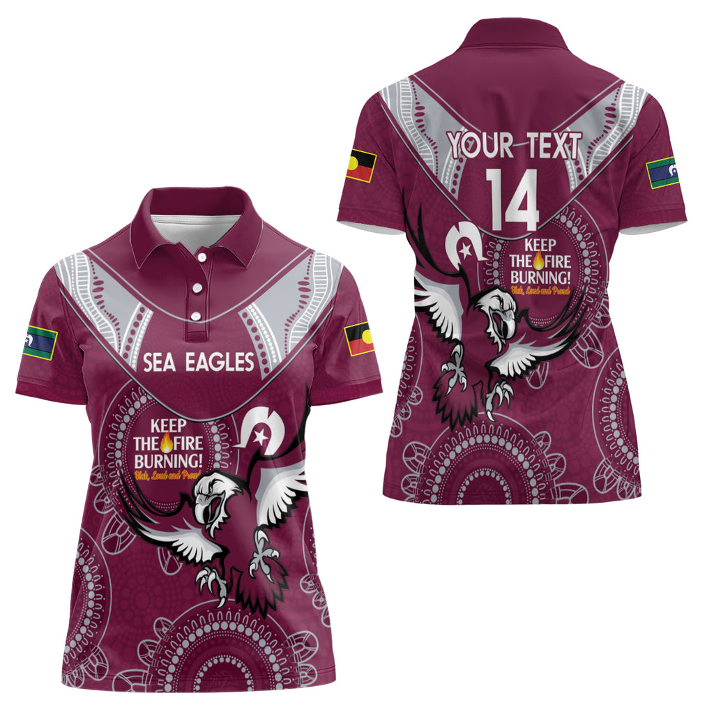 Custom NRL Sea Eagles NAIDOC Week Women Polo Shirt Keep The Fire Burning Indigenous Art