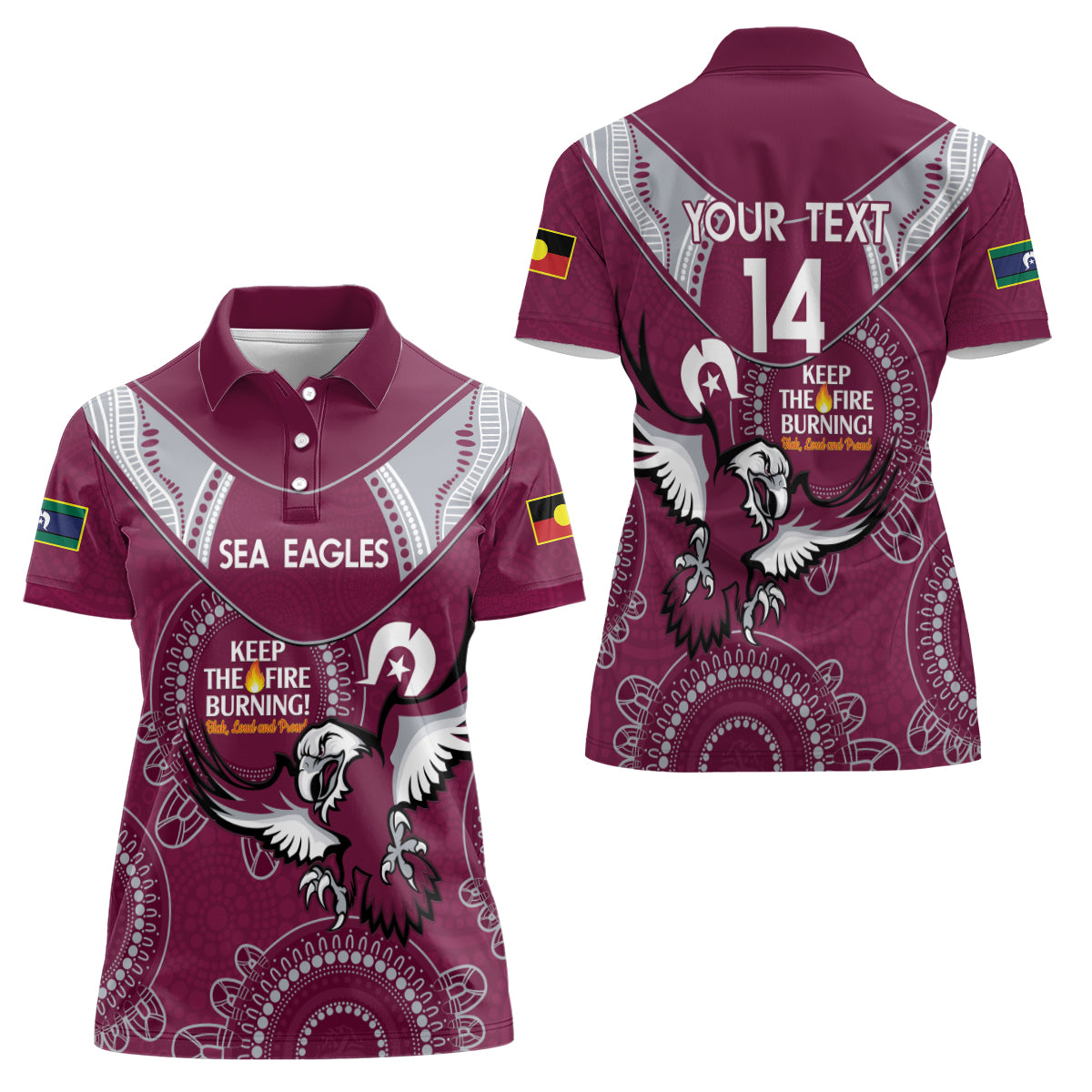 Custom NRL Sea Eagles NAIDOC Week Women Polo Shirt Keep The Fire Burning Indigenous Art