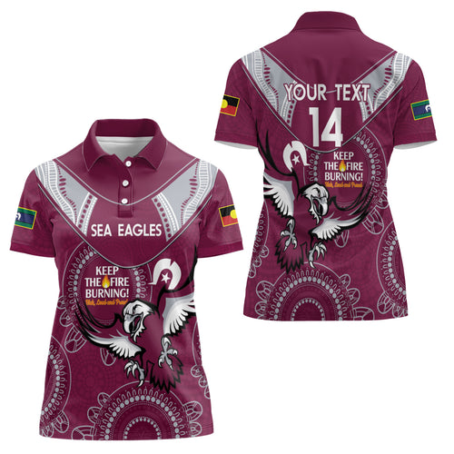 Custom NRL Sea Eagles NAIDOC Week Women Polo Shirt Keep The Fire Burning Indigenous Art