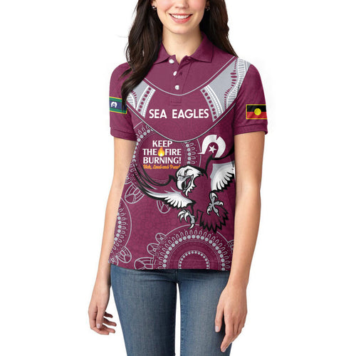 Custom NRL Sea Eagles NAIDOC Week Women Polo Shirt Keep The Fire Burning Indigenous Art