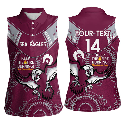 Custom NRL Sea Eagles NAIDOC Week Women Sleeveless Polo Shirt Keep The Fire Burning Indigenous Art