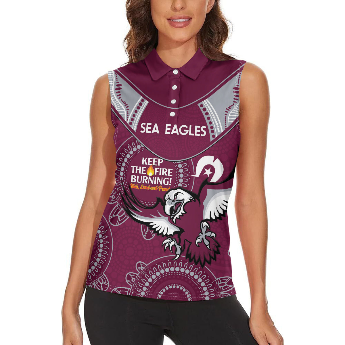 Custom NRL Sea Eagles NAIDOC Week Women Sleeveless Polo Shirt Keep The Fire Burning Indigenous Art