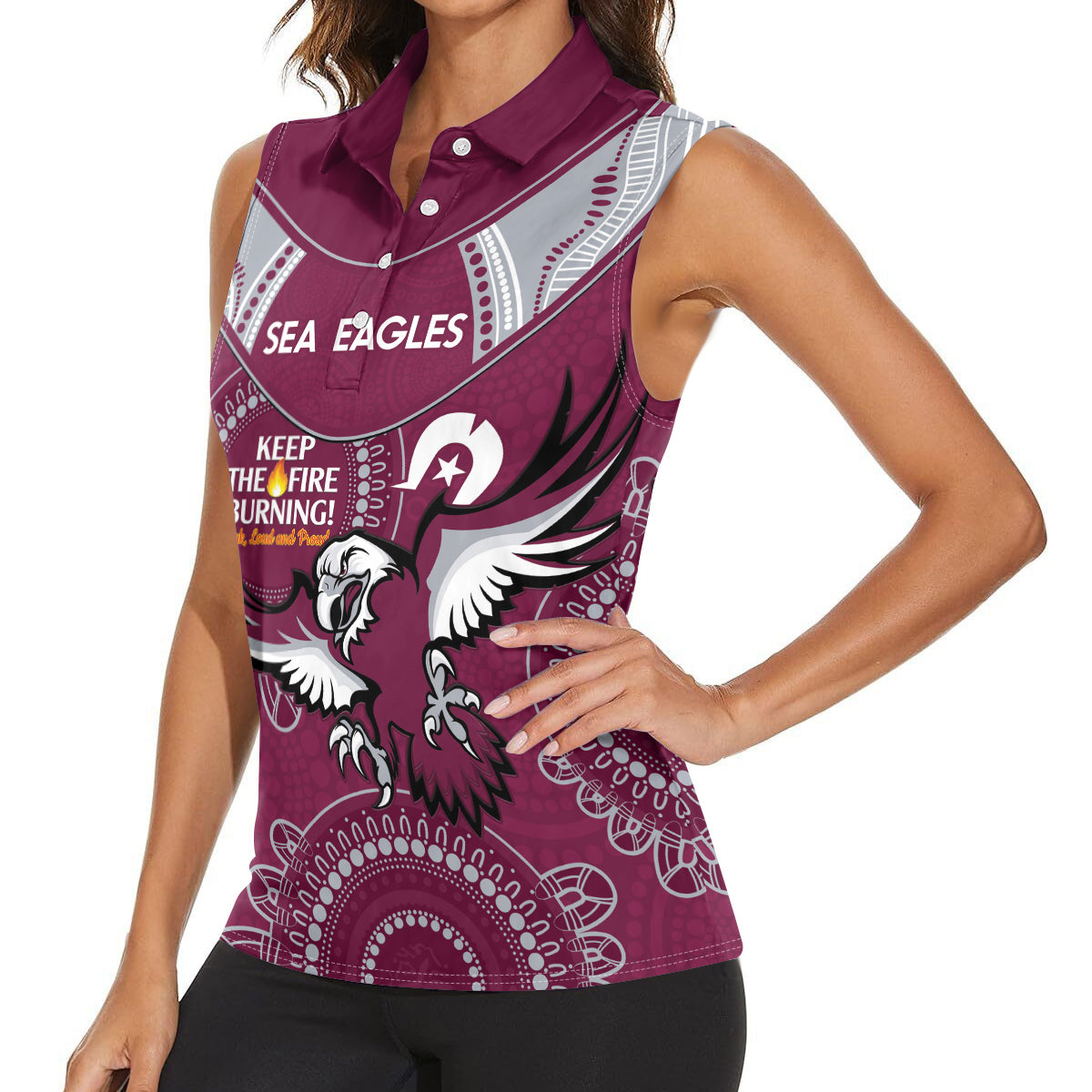Custom NRL Sea Eagles NAIDOC Week Women Sleeveless Polo Shirt Keep The Fire Burning Indigenous Art