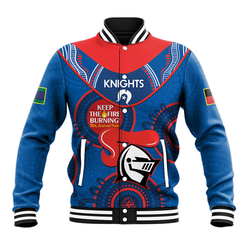 Custom NRL Knights NAIDOC Week Baseball Jacket Keep The Fire Burning Indigenous Art