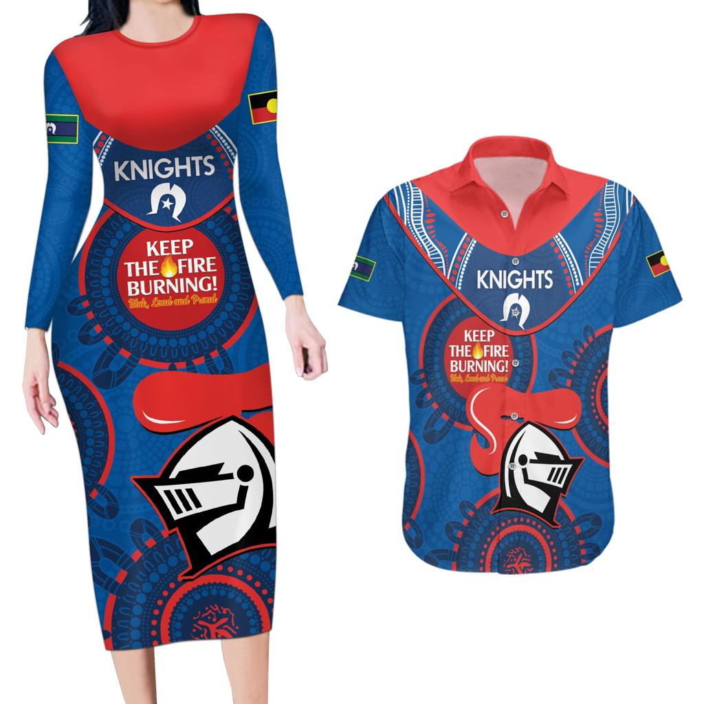 Custom NRL Knights NAIDOC Week Couples Matching Long Sleeve Bodycon Dress and Hawaiian Shirt Keep The Fire Burning Indigenous Art
