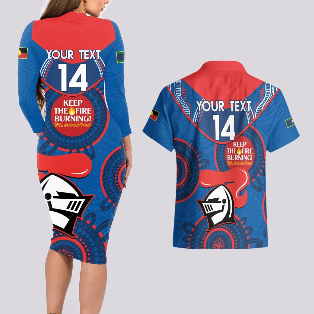Custom NRL Knights NAIDOC Week Couples Matching Long Sleeve Bodycon Dress and Hawaiian Shirt Keep The Fire Burning Indigenous Art