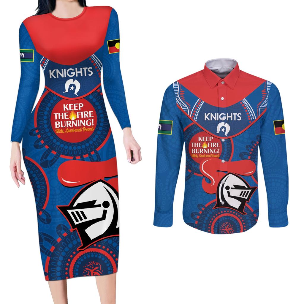Custom NRL Knights NAIDOC Week Couples Matching Long Sleeve Bodycon Dress and Long Sleeve Button Shirt Keep The Fire Burning Indigenous Art
