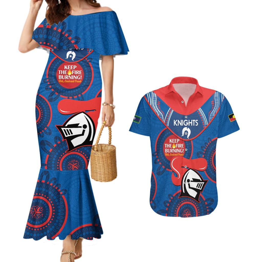 Custom NRL Knights NAIDOC Week Couples Matching Mermaid Dress and Hawaiian Shirt Keep The Fire Burning Indigenous Art