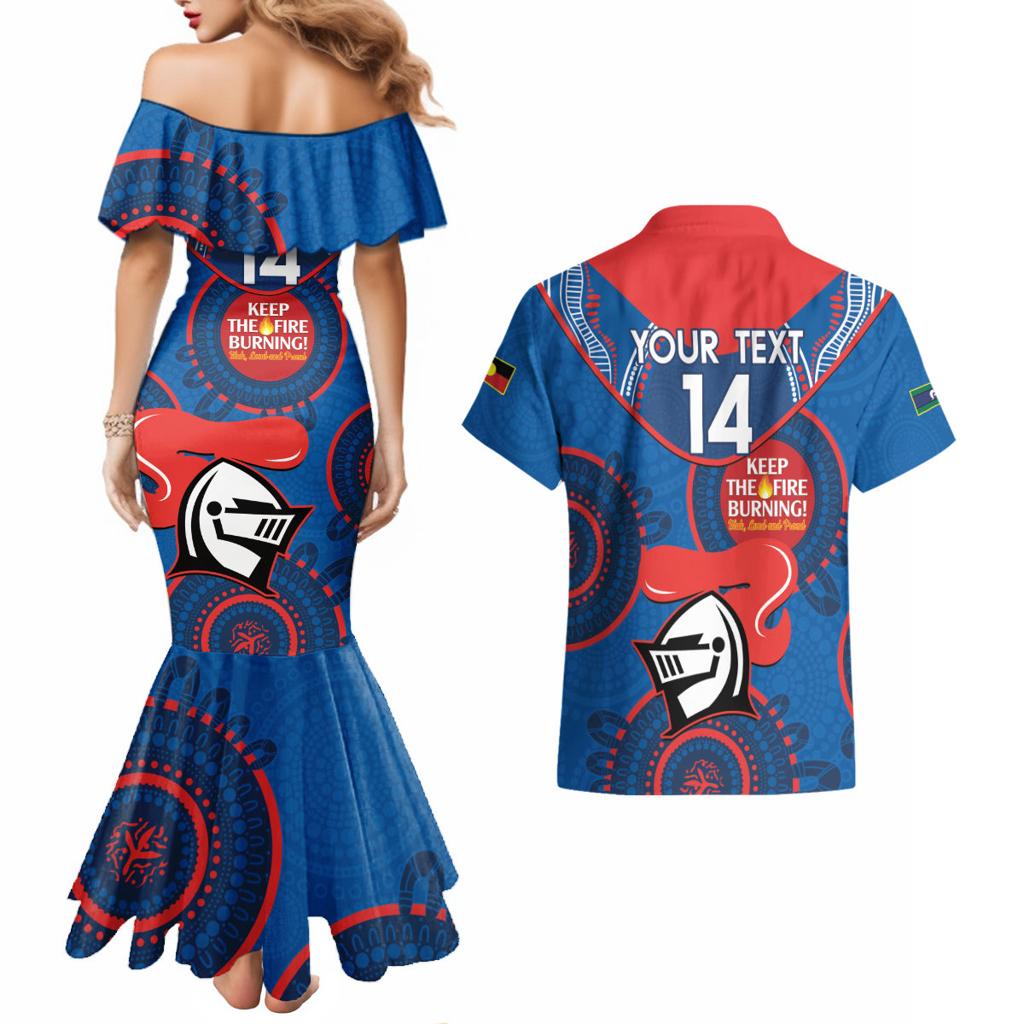 Custom NRL Knights NAIDOC Week Couples Matching Mermaid Dress and Hawaiian Shirt Keep The Fire Burning Indigenous Art