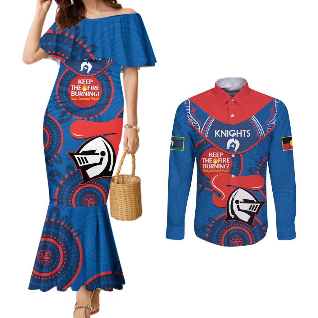 Custom NRL Knights NAIDOC Week Couples Matching Mermaid Dress and Long Sleeve Button Shirt Keep The Fire Burning Indigenous Art