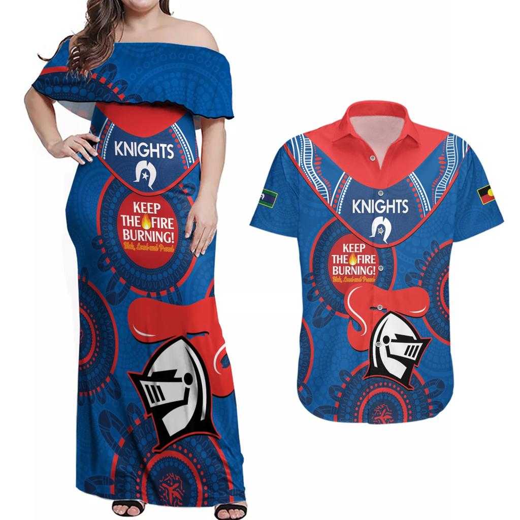 Custom NRL Knights NAIDOC Week Couples Matching Off Shoulder Maxi Dress and Hawaiian Shirt Keep The Fire Burning Indigenous Art