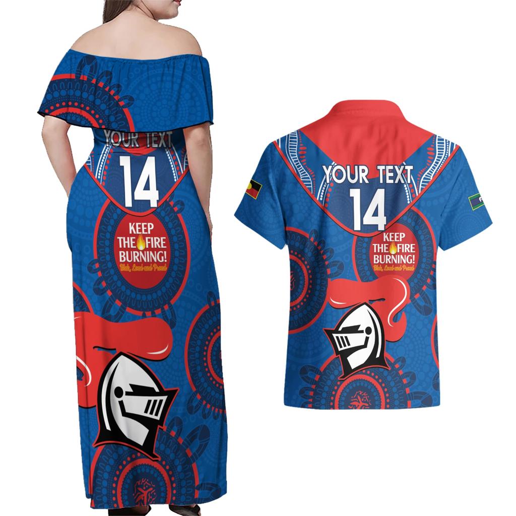 Custom NRL Knights NAIDOC Week Couples Matching Off Shoulder Maxi Dress and Hawaiian Shirt Keep The Fire Burning Indigenous Art