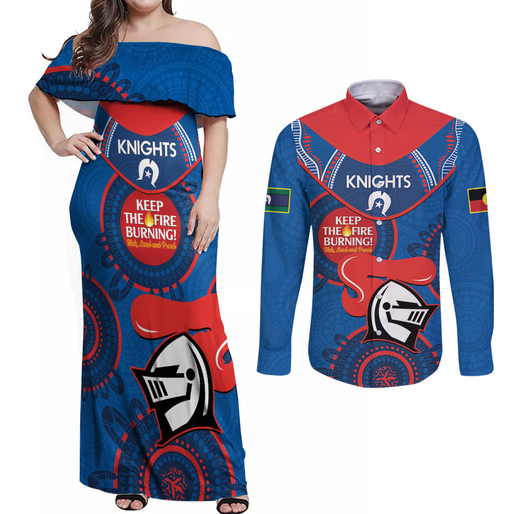 Custom NRL Knights NAIDOC Week Couples Matching Off Shoulder Maxi Dress and Long Sleeve Button Shirt Keep The Fire Burning Indigenous Art