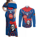 Custom NRL Knights NAIDOC Week Couples Matching Off Shoulder Maxi Dress and Long Sleeve Button Shirt Keep The Fire Burning Indigenous Art