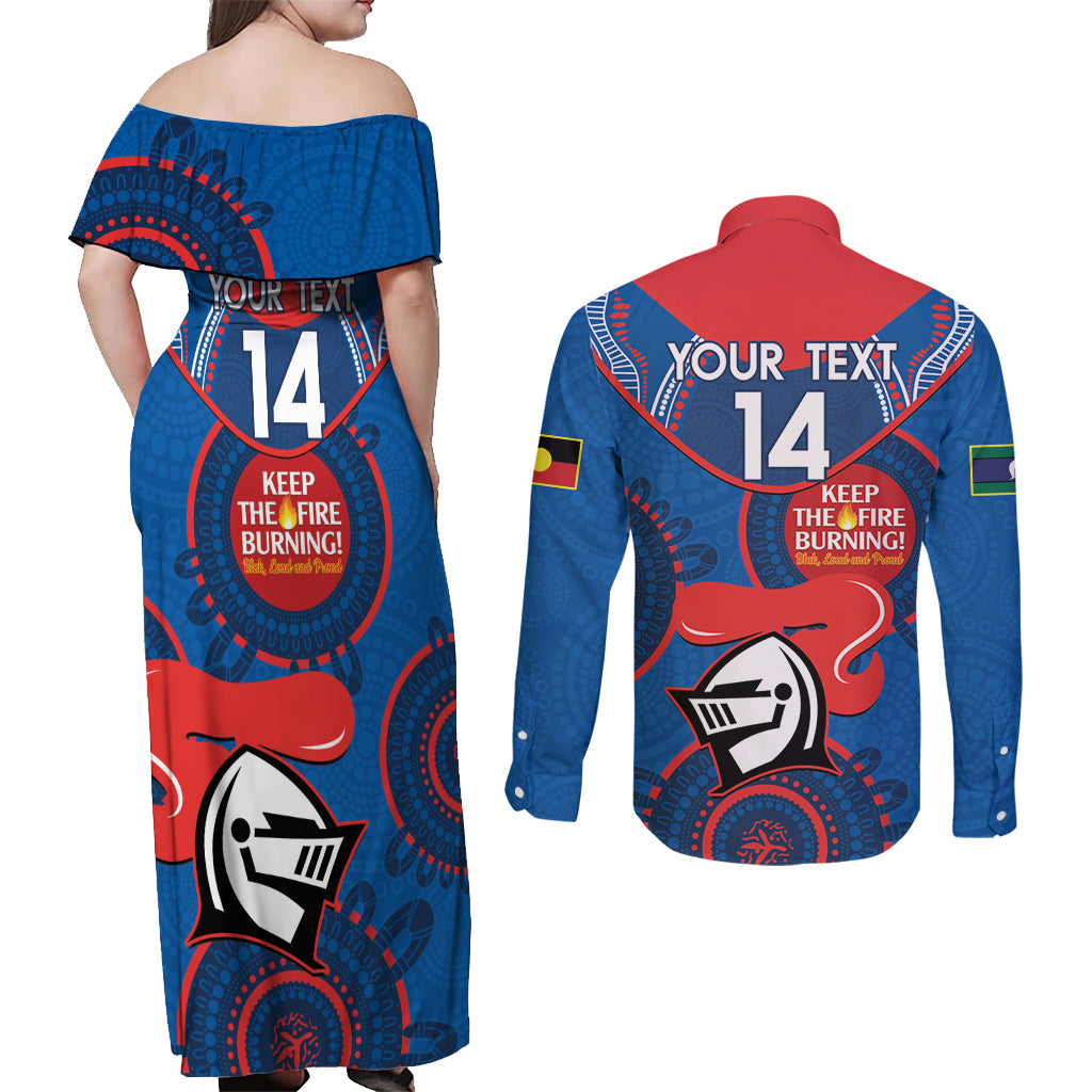 Custom NRL Knights NAIDOC Week Couples Matching Off Shoulder Maxi Dress and Long Sleeve Button Shirt Keep The Fire Burning Indigenous Art
