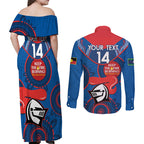 Custom NRL Knights NAIDOC Week Couples Matching Off Shoulder Maxi Dress and Long Sleeve Button Shirt Keep The Fire Burning Indigenous Art