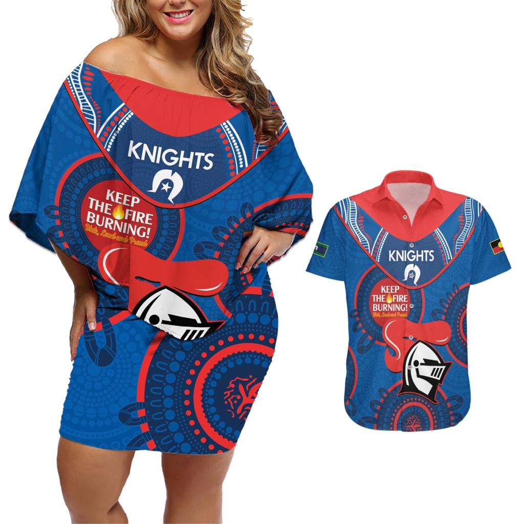 Custom NRL Knights NAIDOC Week Couples Matching Off Shoulder Short Dress and Hawaiian Shirt Keep The Fire Burning Indigenous Art