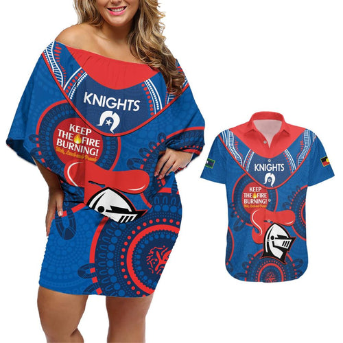 Custom NRL Knights NAIDOC Week Couples Matching Off Shoulder Short Dress and Hawaiian Shirt Keep The Fire Burning Indigenous Art