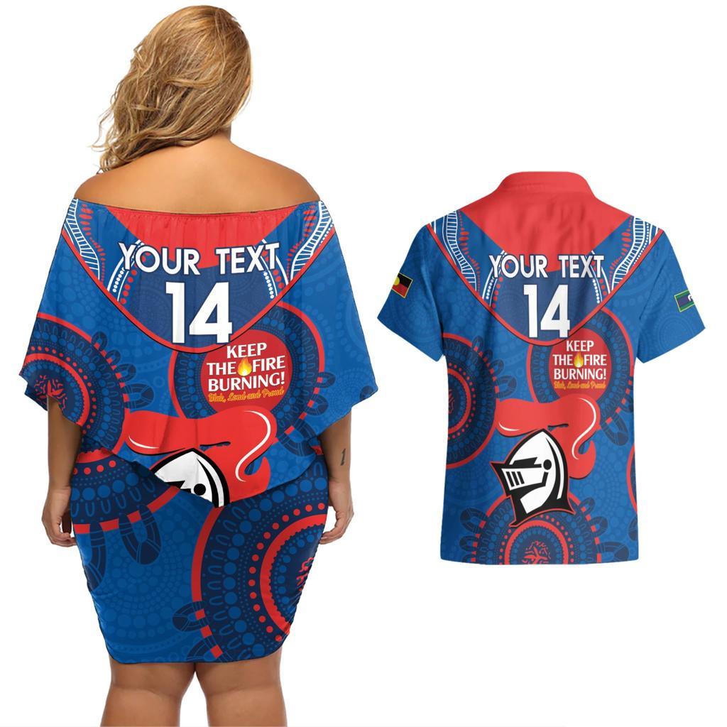 Custom NRL Knights NAIDOC Week Couples Matching Off Shoulder Short Dress and Hawaiian Shirt Keep The Fire Burning Indigenous Art