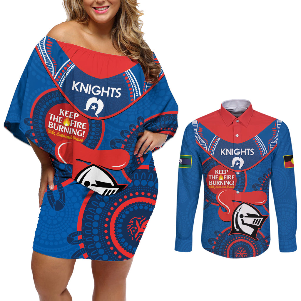 Custom NRL Knights NAIDOC Week Couples Matching Off Shoulder Short Dress and Long Sleeve Button Shirt Keep The Fire Burning Indigenous Art