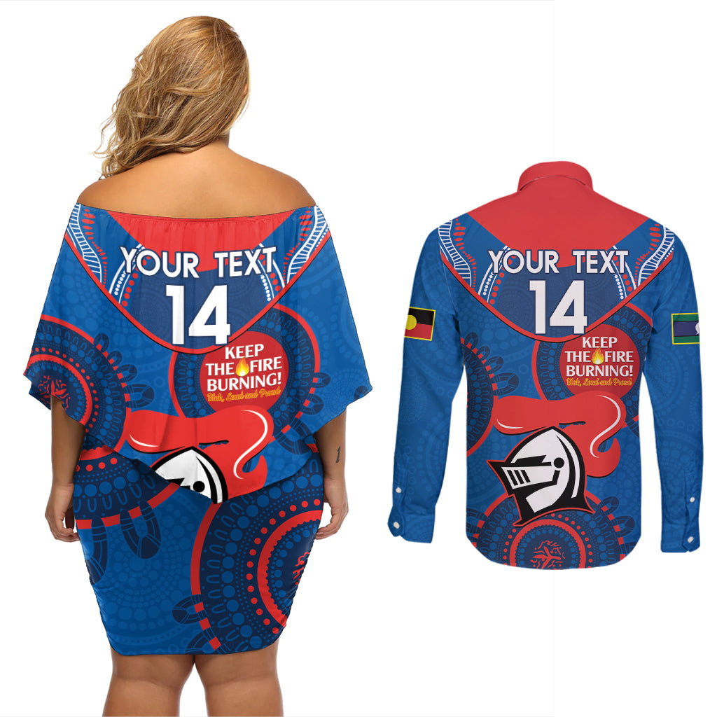 Custom NRL Knights NAIDOC Week Couples Matching Off Shoulder Short Dress and Long Sleeve Button Shirt Keep The Fire Burning Indigenous Art