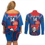 Custom NRL Knights NAIDOC Week Couples Matching Off Shoulder Short Dress and Long Sleeve Button Shirt Keep The Fire Burning Indigenous Art